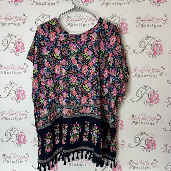 Floral Bohemian Tunic with Tassels flowy tshirt open sides flowers - Picture 3 of 3